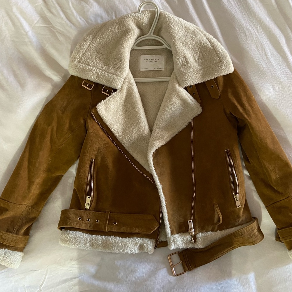 Zara shearling beige biker moto spring/fall jacket size small
